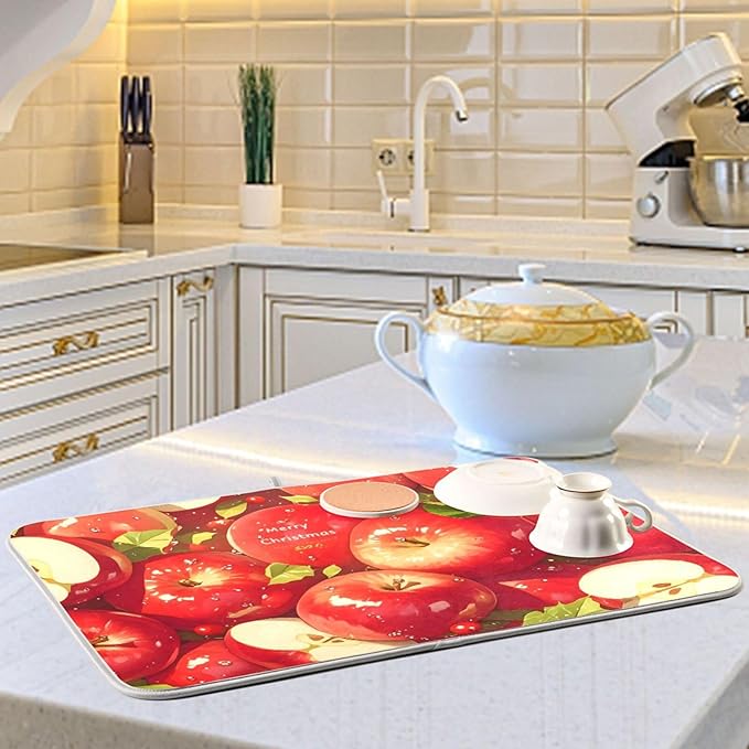 Red Apples Dish Drying Mat for Kitchen Counter Absorbent Microfiber Drying Pad, Medium 16x18 in