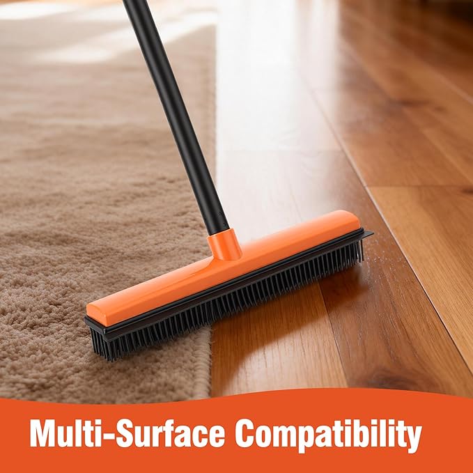 Rubber Broom for Pet Hair on Carpet & Stairs, Adjustable Long Handle Rubber Broom & Squeegee, Pet Hair Remover Tool for Hardwood Tile Floors, Dog Cat Hair Broom