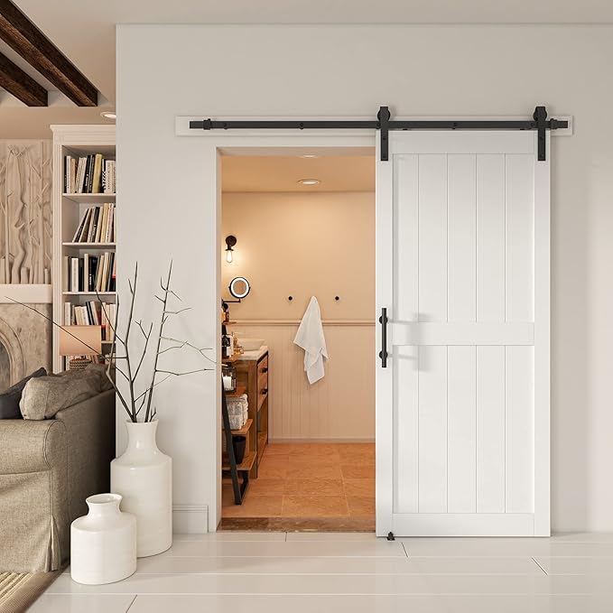 36''x96'' Sliding Barn Door with 6.6 Ft Barn Door Hardware Kit& Handle& Floor Guides,Pre-Drilled Holes Easy Assembly - Include Installation Manual, Water-Proof PVC Surface, H-Frame, White