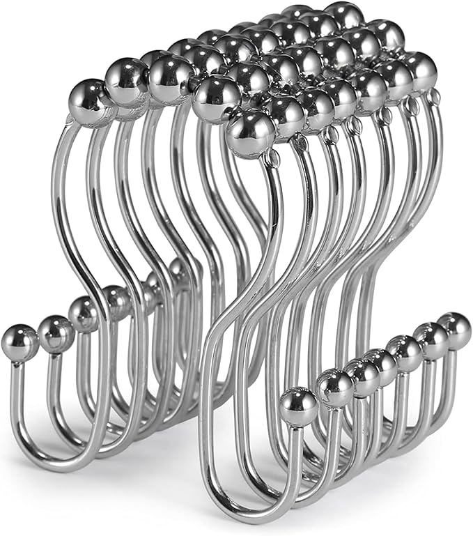 Goowin Shower Curtain Hooks, 12 Pcs Shower Curtain Rings, Stainless Steel Shower Curtain Hangers, Double Hook Shower Curtain Hooks, Smooth Sliding Anti-Drop Shower Rings for Curtain (Chrome)