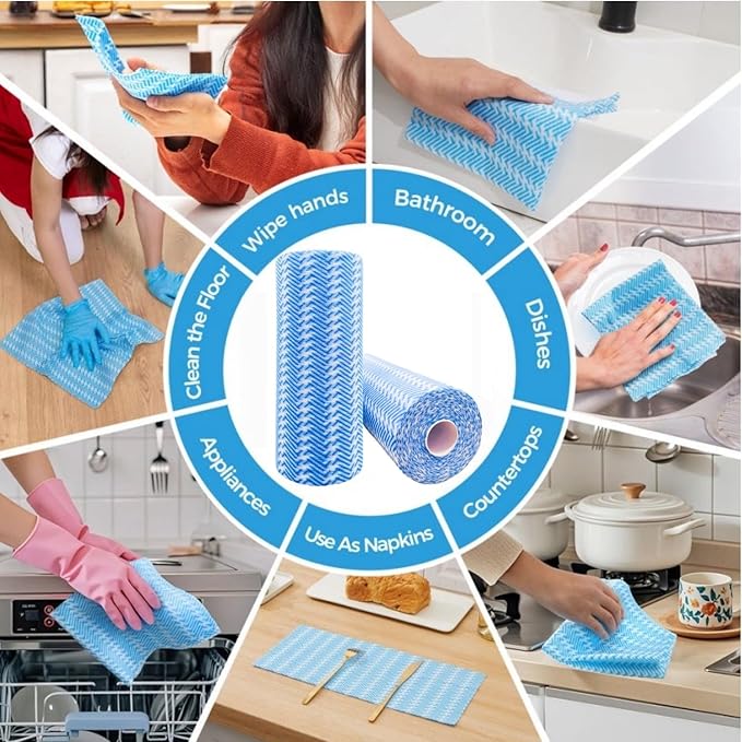 SUZZYVINE Disposable Cleaning Cloths Reusable Kitchen Towels Dish Cloths Dish Towels Dry Handi Wipes Reusable Cloth for Kitchen, Multi-use Cleaning Rolls Blue Cleaning Rags, 100 Pcs/Roll