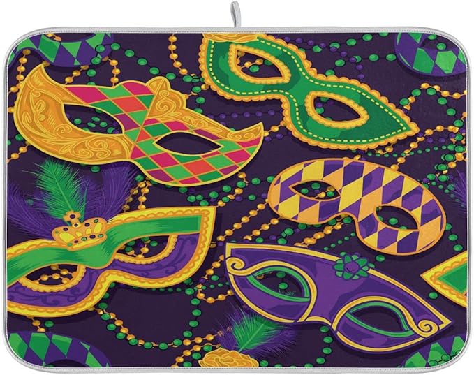 Mardi Gras Dish Drying Mat for Kitchen Mask Beads Confetti Masquerade Party Microfiber Drying Mats Absorbent Reversible Dish Pad Large Dish Draining Mat 18x24 inch
