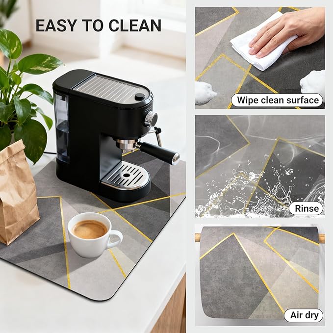 Espresso Mat 20x12 Inch,Gray Geometric Appliance Mat, Absorbent Hide Stain Rubber Backed Dish Drying Mat for Kitchen Counter, Mats for Countertops, Under Coffee Bar Maker Machine Pot Espresso Machine