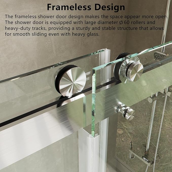 Frameless Soft Close Shower Door, 46"-48 "W, 76 "H, 3/8" (10mm) Clear Tempered Glass, Double Sliding Doors, Brushed Nickel Finish.