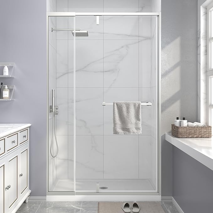 Semi Frameless Pivot Shower Door 42-48" W x 72" H, Swing Shower Glass Doors with Nano Explosion-Proof Film Tempered Glass 1/4"(6mm) Reversible Installtion, Brushed Nickel Finish
