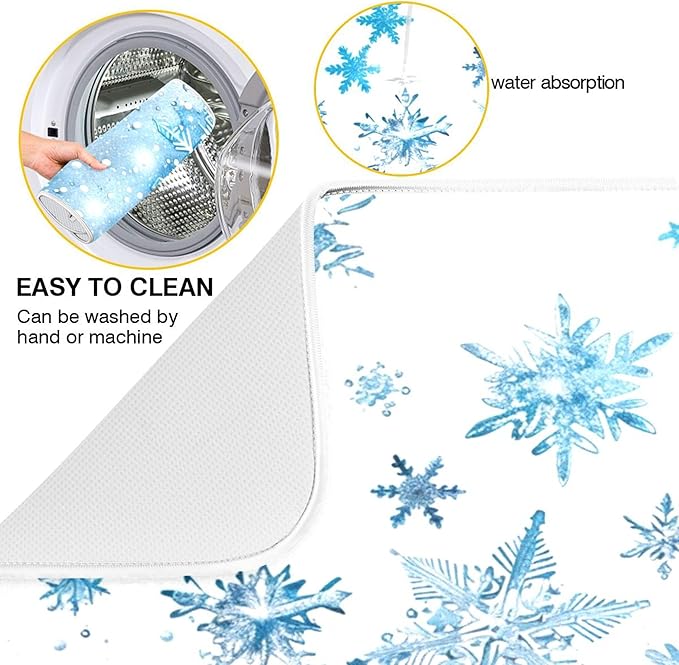 Winter Snowflake Blue Dish Drying Mat for Kitchen Countertop 16x18 Christmas Snowman White Xmas Small Drying Mat Reusable Quick Dry Dish Sink Mats Easy Clean Decorative Essentials