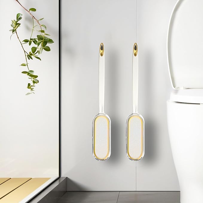 Curved Toilet Brush and Holder Set 2 Pack - Under Rim Toilet Bowl Scrubber with S-Shaped Brush Head & Back Scrubber, Compact Wall Mounted Toilet Cleaning Brush for Bathroom (White)