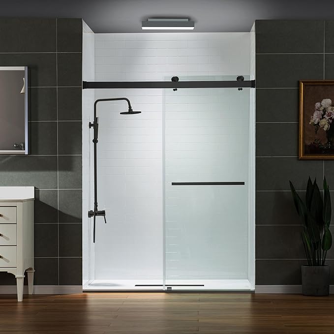 WOODBRIDGE Frameless Shower Doors 56-60" Width x 76" Height with 5/16"(8mm) Clear Tempered Glass, 2 Ways Opening & Double Sliding in Matte Black Finish