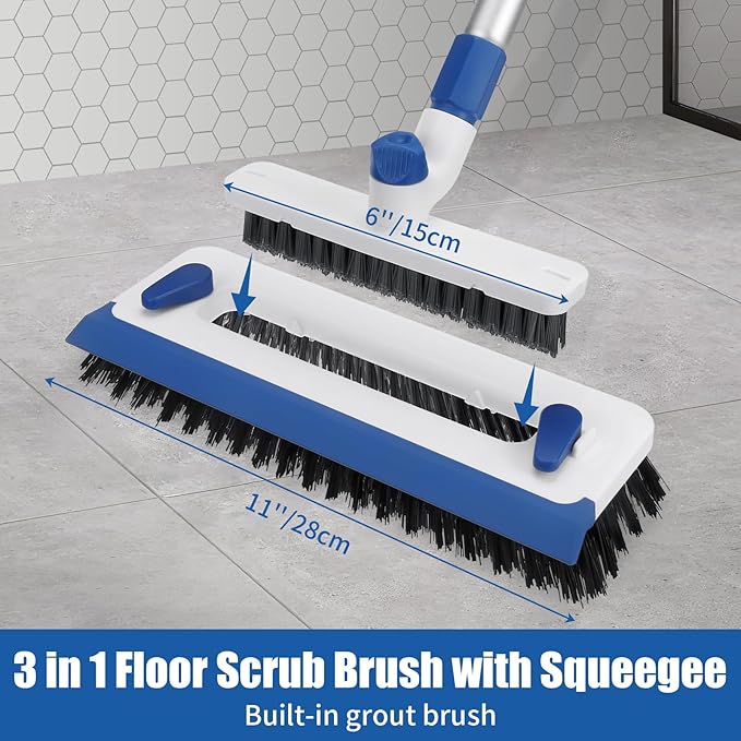 Qaestfy Floor Grout Scrub Brush with Squeegee 3 in 1, 55'' Extendable Long Handle Floor Scrubber Cleaner Brush for Scrubbing Deck, Tile, Garage, Patio, Concrete, Rug, Shower Bathroom