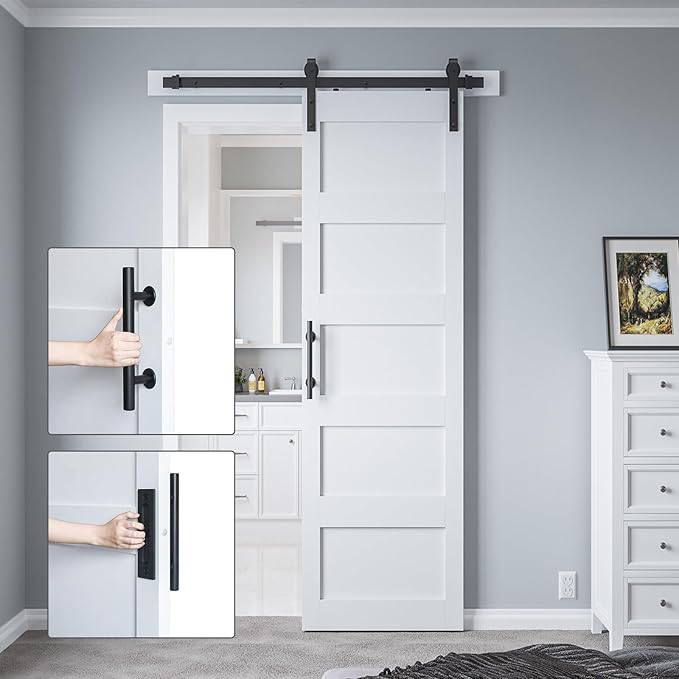 30x84 Sliding Barn Door with 5ft Hardware Kit, Fit 26-28in Wide Opening, Pre-Drilled Solid Core, PVC Covered Water-Proof, Easy Assembly, White 5 Panel