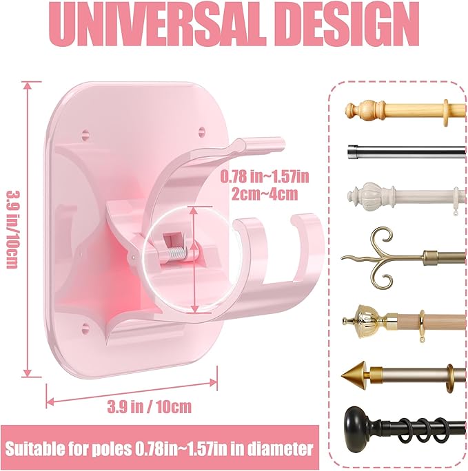 Adhesive Curtain Rods No Drilling Holder,No Drill Curtain Rod Brackets,Renter Friendly Hooks for Hanging Drapes,Over Blinds for Dorm Apartment Kitchen Bedroom Home