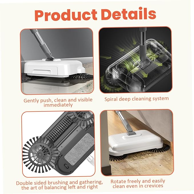 Floor Sweeper, 2-in-1 360° Rotating Hand Push Sweeper with Long Handle, High-Efficiency Manual Carpet & Hard Floor Cleaning Tool for Home & Office.
