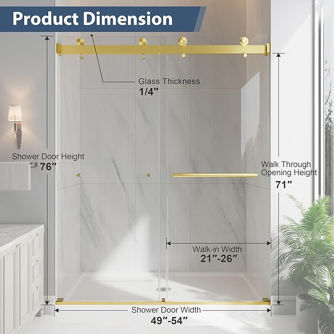 Frameless Double Sliding Shower Doors, 49-54" W x 76" H Shower Glass Door, 1/4" (6mm) Thick ANSI Certified Tempered Glass with Explosion-Proof Film and Nano Coating, Brushed Gold