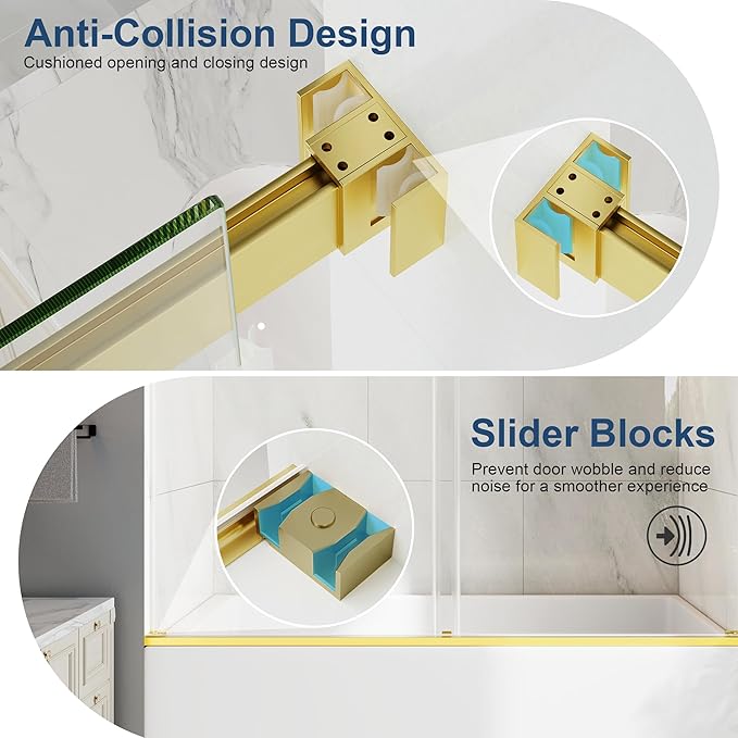 Frameless Bathtub Shower Door, 55-60" W x 60" H Double Sliding Tub Shower Door, 1/4''(6mm) SGCC Tempered Glass with Explosion-Proof Film Nano Coating, Brushed Gold