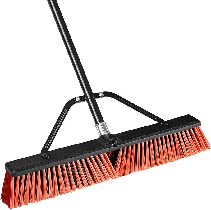 JEHONN 24” Wide Push Broom Outdoor Heavy Duty with 63 inches Long Handle, Stiff Bristle Commercial Industrial Brush for Garage Warehouse Shop Garden Patio Deck Yard Street (Red)