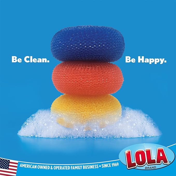 LOLA Plastic Mesh Scouring Pads - 3 Pack, 3.375" x 1.25", Non-Scratch Scrubbers to Clean Dishes, Assorted Colors - 1 Red, 1 Blue & 1 Yellow