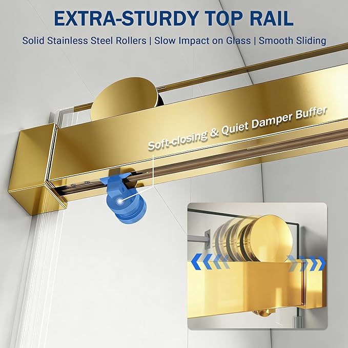 Abruzzo 56"-60" x76" Frameless Shower Door Gold - Soft-Close Sliding Enclosure with 6mm Explosion-Proof Glass, Adjustable Reversible Design for Modern Bathrooms