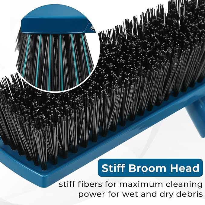 16-Inch Push Broom Outdoor with Rubber Squeegee and 58" Long Handle, 2 in 1 Commercial Broom Brush with Stiff Bristles for Deck Patio Garage Warehouse Driveway Concrete Floor Cleaning Scrubbing
