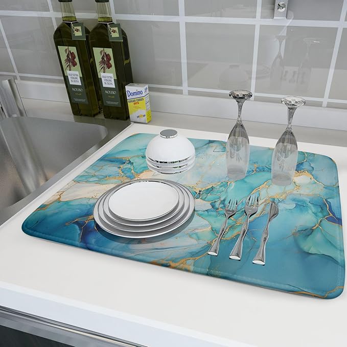 Marble Print Dish Drying Mat for Kitchen Counter,Blue Teal Turquoise Gold Drying Mat 18 x 24 Inch with Absorbent Reversible Microfiber Drying Pad for Coffee Bar