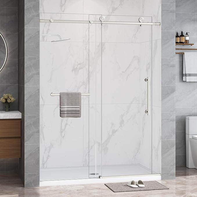 Frameless Shower Door,5/16" (8mm) Glass Sliding Shower Door with Soft-Close & Anti-Leak,Nano Coating Anti-Explosion Film SGCC Tempered Glass 49"-54" X 76"H,Brushed Nickel