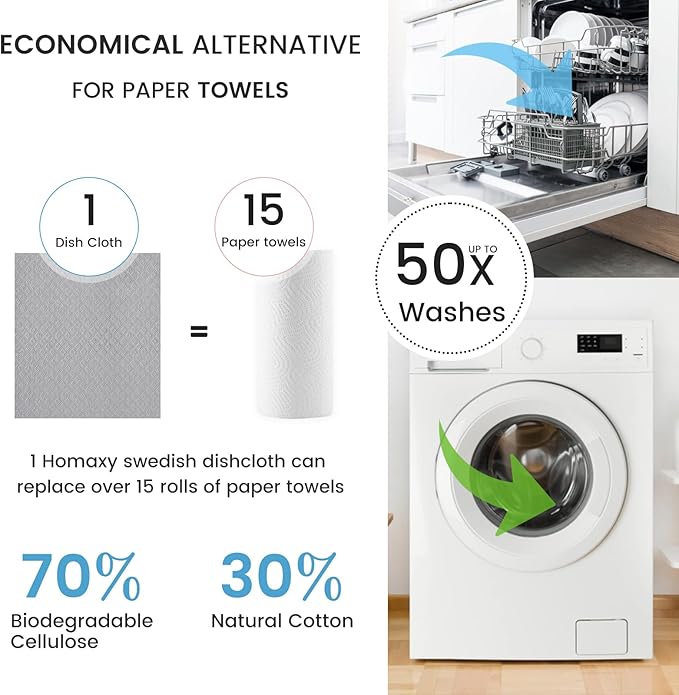 Homaxy Swedish Dishcloths for Kitchen, 6 Pack Reusable and Washable Cellulose Sponge Cloths Dish Towels, Absorbent and No Odor Paper Towels for Dishes ＆ Counters, Grey