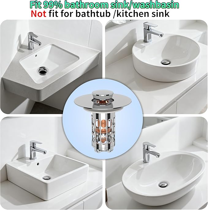 Bathroom Sink Stopper Drain Hair Catcher,3 in 1 Bathroom Sink Drain Strainer with Anti-Clogging Filter Basket,Sink Stopper Bathroom Drain for 1.06"~1.61" Drain Hole 2 PCS(Silver Chrome)