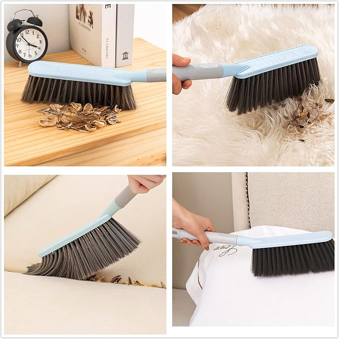 Hand Broom Cleaning Brushes, Multifunctional Soft Bristle Cleaning Brush Hand Brushs Bed Hair Dust Removal Scrubber Cleaner for Family Trip Sofa Furniture Car Bed Garden, Blue