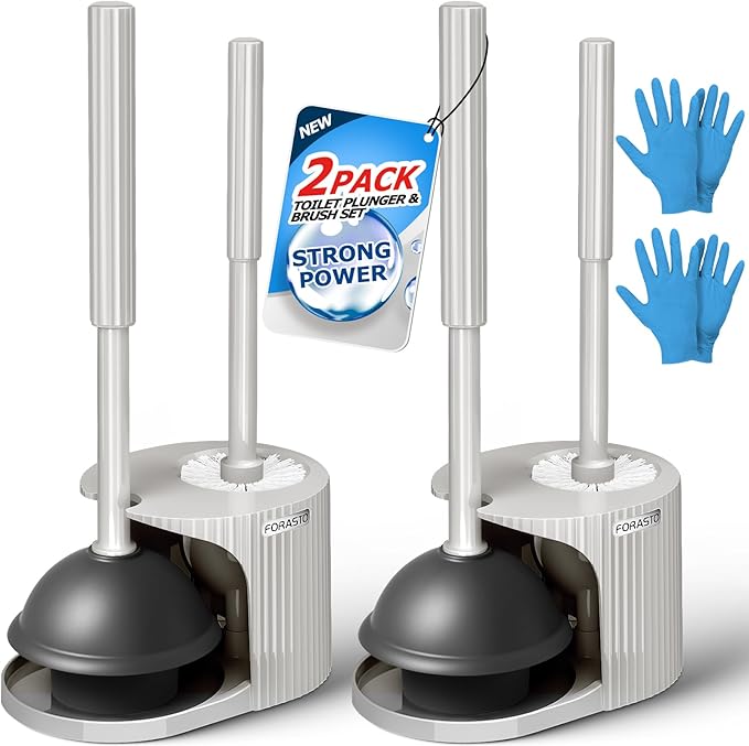 2Pack 2 in 1 Toilet Brush and Plunger Set, Extended Handle Plunger，Toilet Bowl Brush Plunger Set,Bathroom Cleaning Tools ，Toilet Brush Plunger Combo，Cleaning Supplies（Cream Grey）