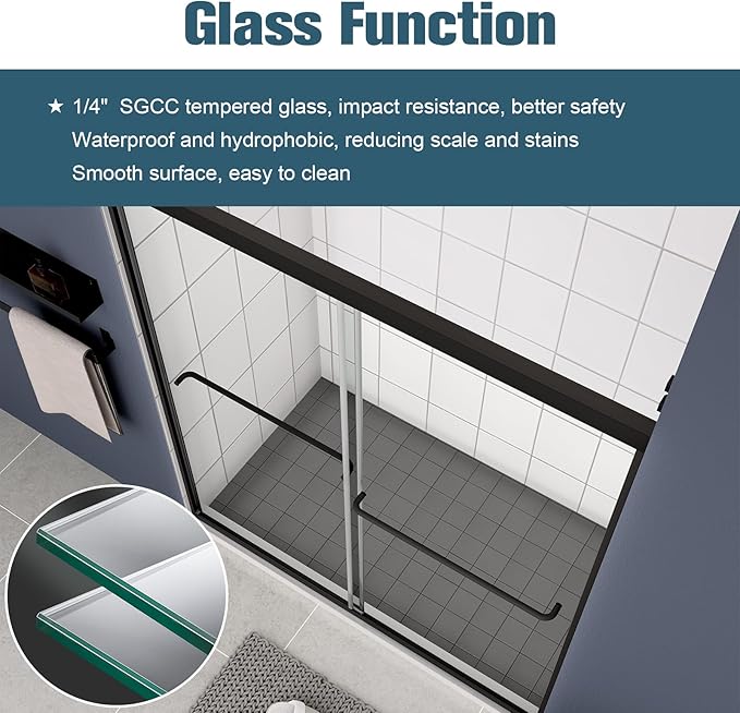 Bypass Glass Shower Door 50-54" W x 70" H with 1/4" Clear SGCC Tempered Glass, Semi-Frameless Double Sliding Shower Door, Easy to Clean, Easy to Install, Matte Black