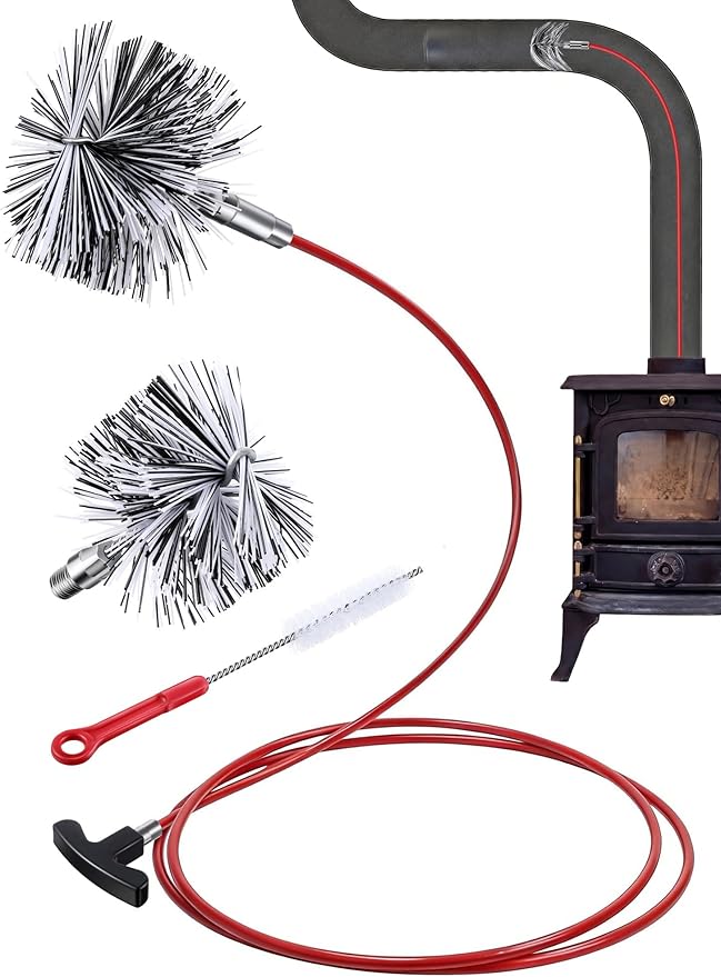 Feekoon Pellet Stove Cleaning Kit, 10 FT Flexible Steel Rod with 3" & 4" Brush Head, Flue Detail Cleaner, Pellet Stove Accessories for Vent Pipes Cleaning - Reduce Buildup & Improve Airflow