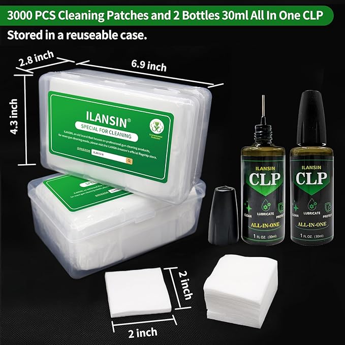 3000/1500PCS Gun Cleaning Patches+CLP Oil,2"x2" Lint Free Gun Cleaning Cloth,Professional Wipes for Shot Pistol/All Caliber of Firearms.Store in Box Can Store Gun Cleaning Kit,Choose Your Set