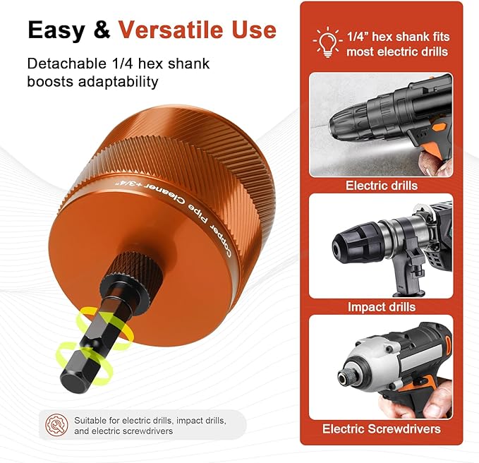 1/2" & 3/4" Copper Pipe Cleaner Set for Drill, with 1/4" Hex Shank & 6 Brush Blades & 2 Pipe Cleaning Brush, Plumbing Tools for Removing Rust, Stains & Paint from Copper & Metal Pipes, Orange