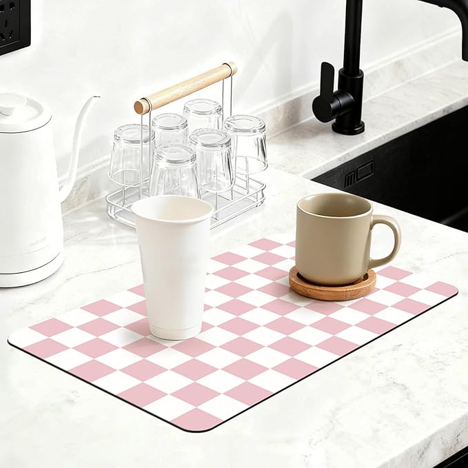 12" x 20" Checkered Dish Drying Mat for Kitchen Counter, Absorbent Coffee Bar Mat for Espresso Machine Coffee Countertops Accessories (Pink)