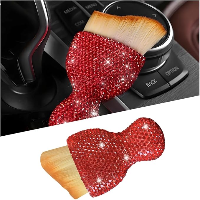 Bling Car Detailing Brush, Crystal Rhinestone Non-Scratch Vehicle Cleaning Dust Brush for Air Vent & Dashboard, Soft Bristles Automotive Interior Cleaning Tool, Universal Fit (Red)
