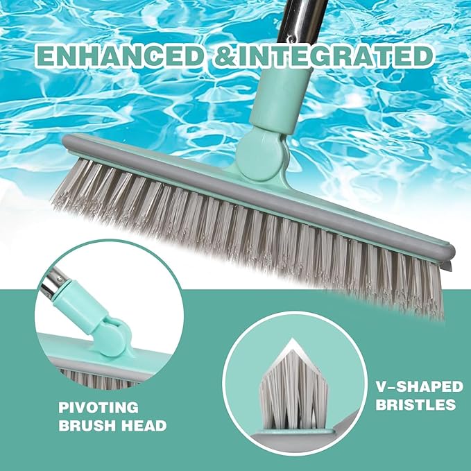 Pool Brush V-Shape Brush with 63" Adjustable Long Handle,Shower Swimming Pool Brush for Glass Doors,Bathroom,Kitchen,Tile,Marble Floors,Deck,Hallways