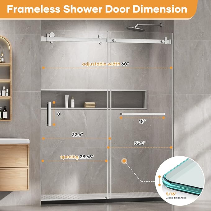 Venice Frameless Shower Door 60 in W x 74 in H,5/16"(8mm) Clear Tempered Glass Door, Bathroom Shower Door with 18 inch Pull Handle, Stainless Steel Hardware,Brushed Nickel