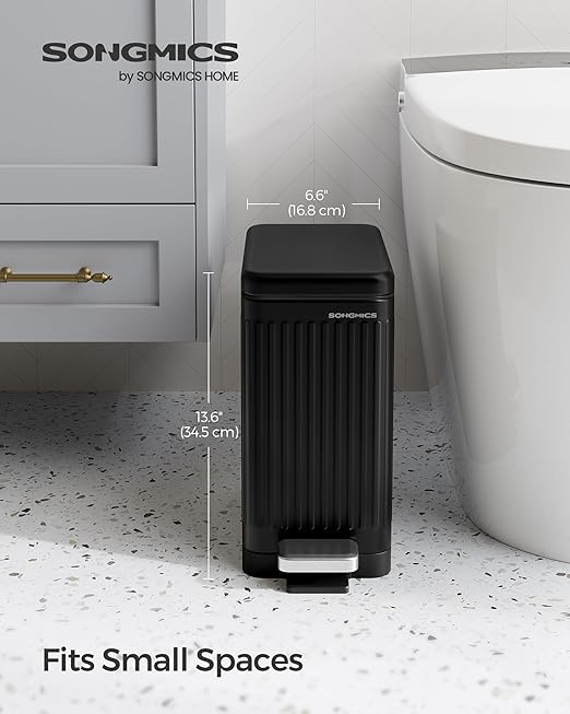 SONGMICS Bathroom Trash Can, 2.6-Gallon (10 L) Trash Bin with Lid, Slim for Small Spaces, Stainless Steel Garbage Can, Soft Close, Black ULTB562B01