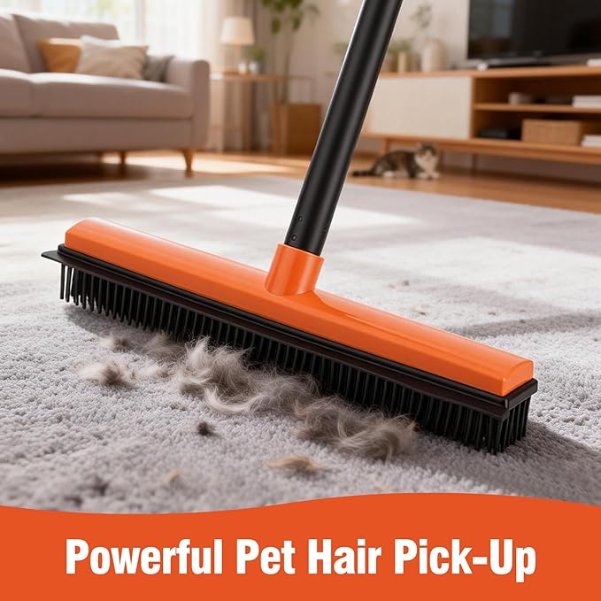 Rubber Broom for Pet Hair on Carpet & Stairs, Adjustable Long Handle Rubber Broom & Squeegee, Pet Hair Remover Tool for Hardwood Tile Floors, Dog Cat Hair Broom