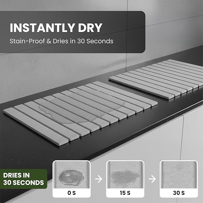 Large Stone Drying Mat for Kitchen Counter - Collapsible Quick-Dry Diatomite Dish Drying Mat, Non-Slip (Gray)
