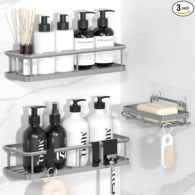 YASONIC Shower Caddy Adhesive, No Drill Bathroom Shower Organizers, with Removable Hooks and Soap Holder, Rust Proof Shower Shelves, Wall-Mounted Shower Holder, 3 Pack, Grey