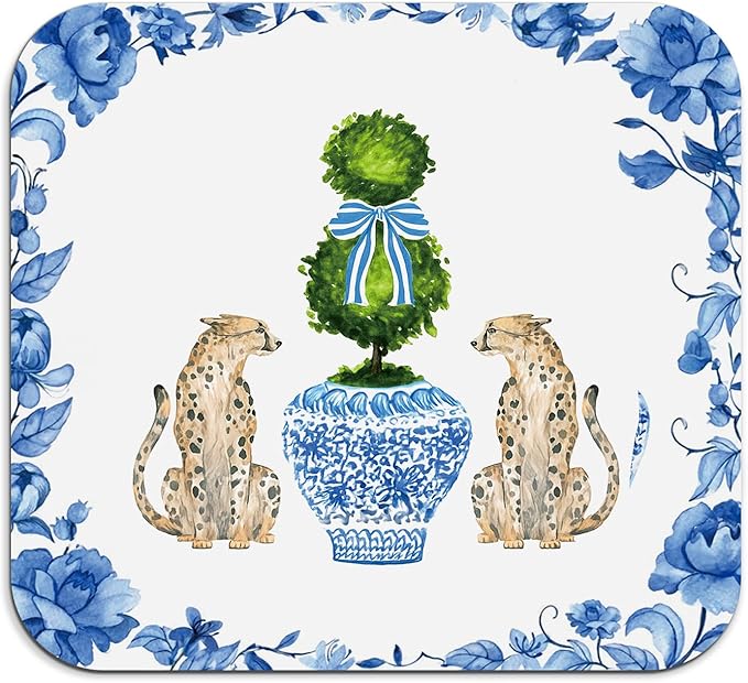 Chinoiserie Dish Drying Mat - Blue And White Porcelain Dish Drying Mat,Chinoiserie Leopard Drying Mat For Kitchen Counter,Coffee Bar Mat,Vintage Chinoiserie Drying Mat,16x17.5 Inch