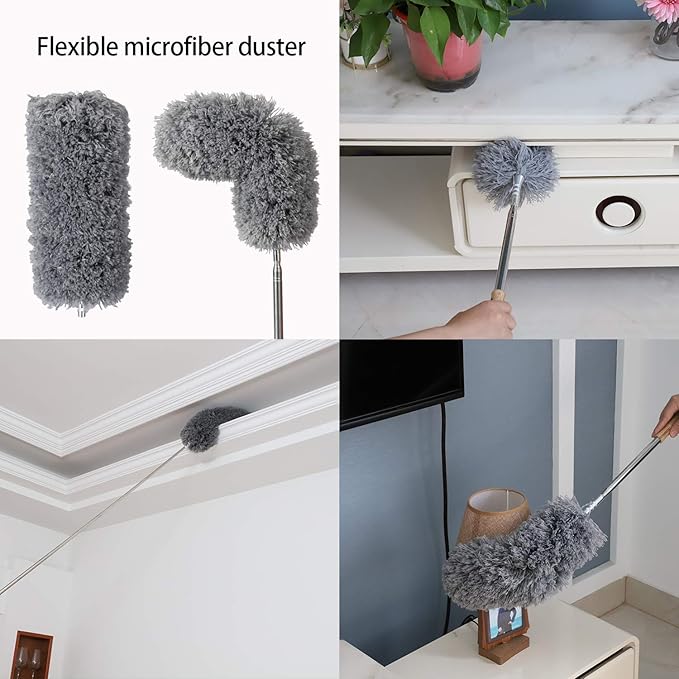 Lambswool and Microfiber Duster, 2 Counts, Long Reach/Extendable Duster Up to 86" for Cleaning High Ceiling Fan, Interior Roof, Cobweb, Keyboard, Furniture
