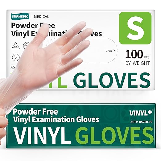Vinyl Disposable Exam Gloves, Clear 4 Mil Powder-Free Latex-Free Medical Food-Safe Cooking Cleaning Glove, 100 Pcs (Small)