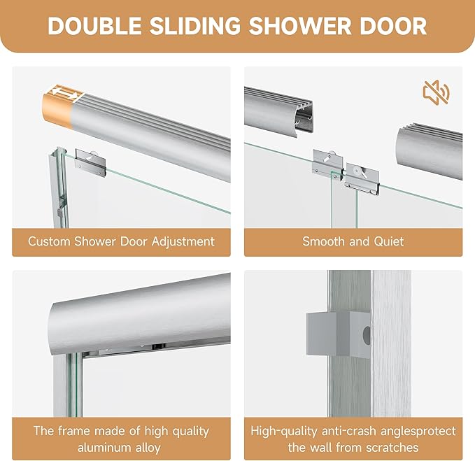 Shower Door 44-48 in. W x 72 in. H, UCALAFEE Semi-Frameless Double Sliding Shower Door with 1/4" (6mm) SGCC Clear Tempered Glass, Silent Soft-Close & Anti-Leak Walk-in Shower Door, Brushed Nickel