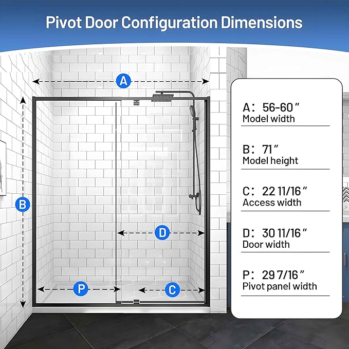 56-60" W x 71" H Pivot Glass Shower Door,1/4"(6mm) Thick Clear SGCC Tempered Shower Glass Door,Matte Black Shower Door,Reversible Installation