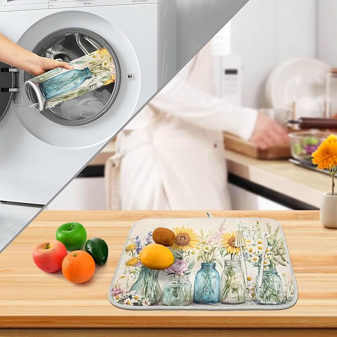Spring Summer Floral Jars Flowers Dish Drying Mat for Kitchen Counter Absorbent Microfiber Large Drying Pad Dish mats for Kitchen Countertops 18 x 24 Inch