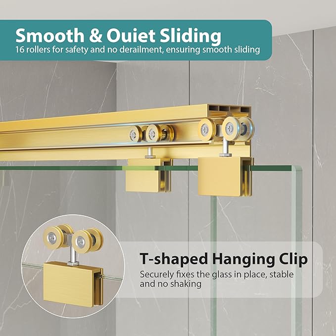 KPUY Glass Shower Door, 49-54" W x 76" H Semi-Frameless Double Sliding Shower Door, 1/4" (6mm) Thick Tempered Clear Glass with Explosion-Proof Film Nano Coating, Brushed Gold