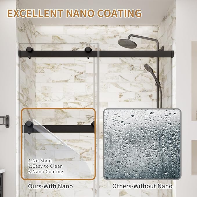 Frameless Shower Door,44-48" W x 74" H Double Sliding Shower Door with Soft Close System,5/16" (8mm) SGCC Tempered Clear Glass,Explosion-Proof Film Nano Coating,Matte Black