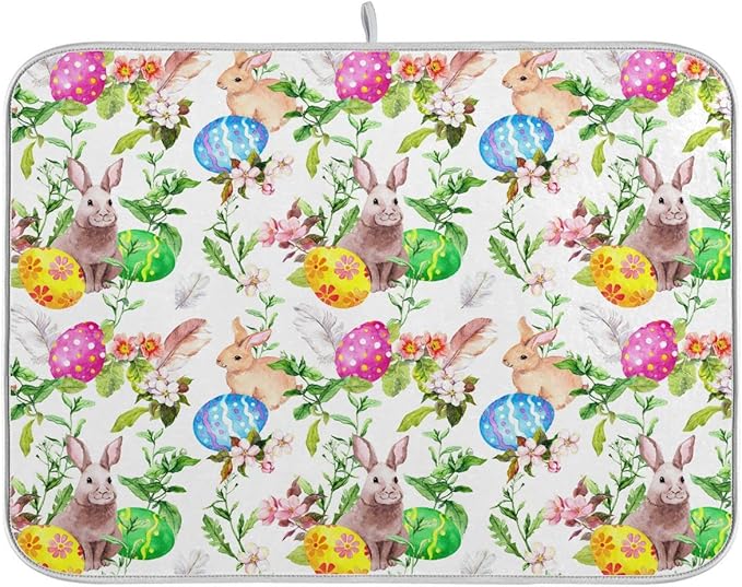 Happy Easter Day Bunny Dish Drying Mat for Kitchen Easter Eggs Peeps Spring Flowers Microfiber Drying Mats Absorbent Reversible Dish Pad Large Dish Draining Mat 18x24 inch