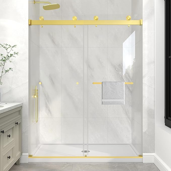 KPUY Frameless Shower Door, 55-60" W x 76" H Double Sliding Glass Shower Door, 1/4" (6mm) Thick Tempered Clear Glass with Explosion-Proof Film Nano Coating, Brushed Gold